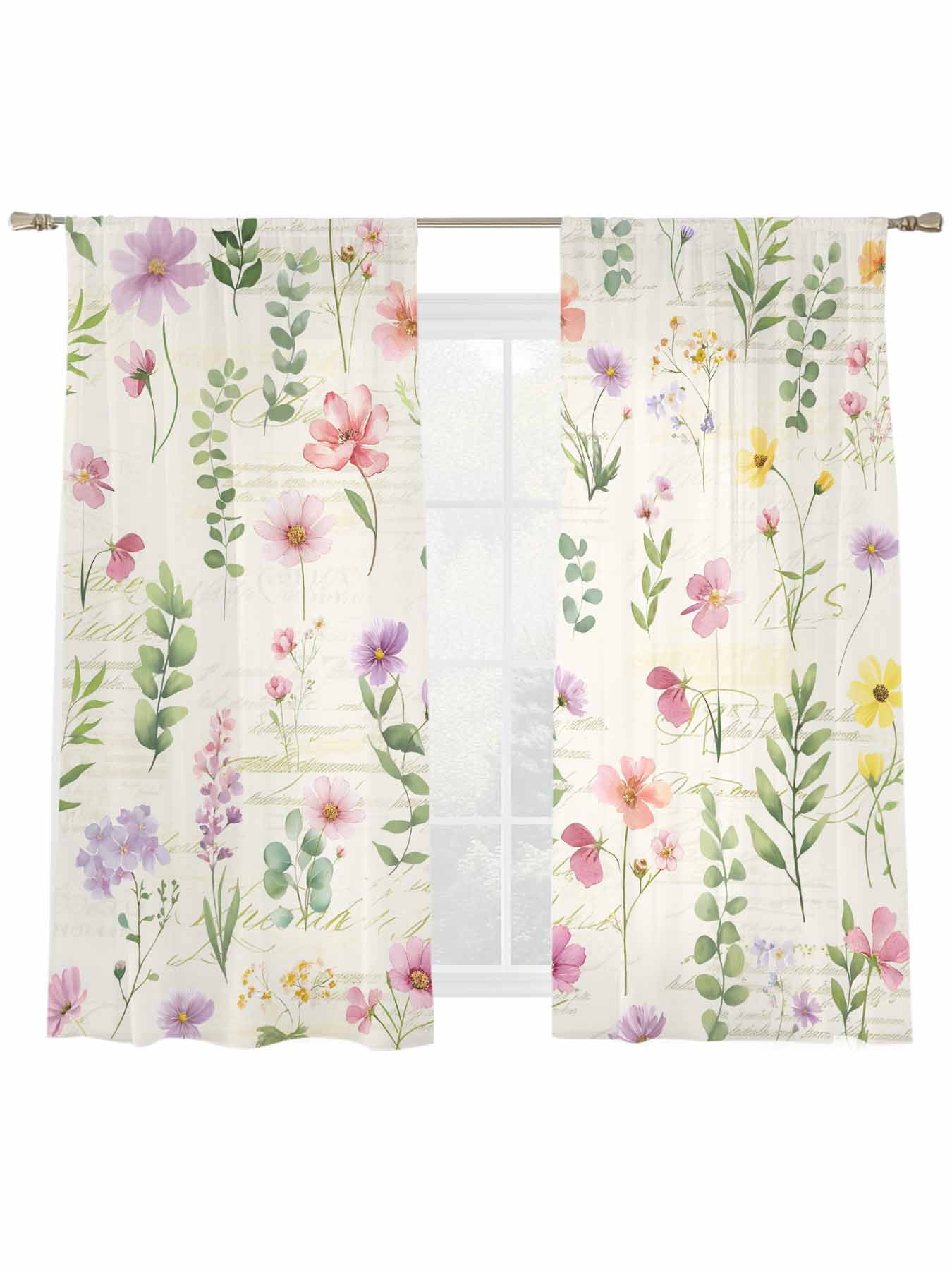 Spring Summer Flower Sheer Curtains 2 Panels Set Eucalyptus Leaves ...