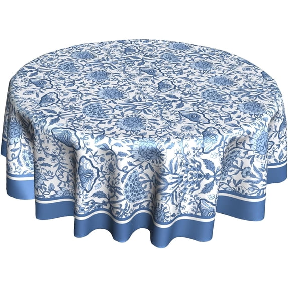 Spring Summer Flower Tablecloth 60 inch Round Table Cloth Blue Floral Table Cloths Summer Tablecloths for Kitchen Dining Decorations Holiday