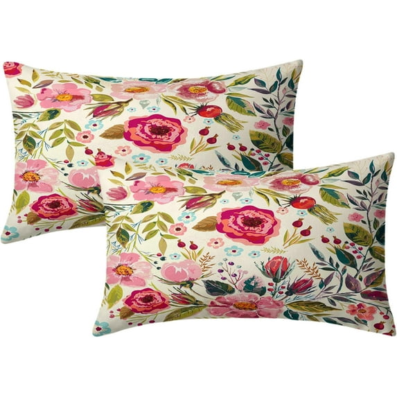 Spring Summer Flower Throw Pillow Covers 20x12 Inch Watercolor Peony Pillowcase Hot Pink Flora with Green Leaves Girly Decorative Cotton Cushion Cover Set of 2 for Home Garden Outdoor Bed
