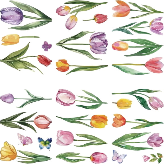 Spring Summer Flower Window Decal Sticker 8 Sheets Adhesive PVC Tulip Butterfly Flower Window Decal Easter Home Office School Glass Windows Wall Removable Waterproof Butterflies Decoration