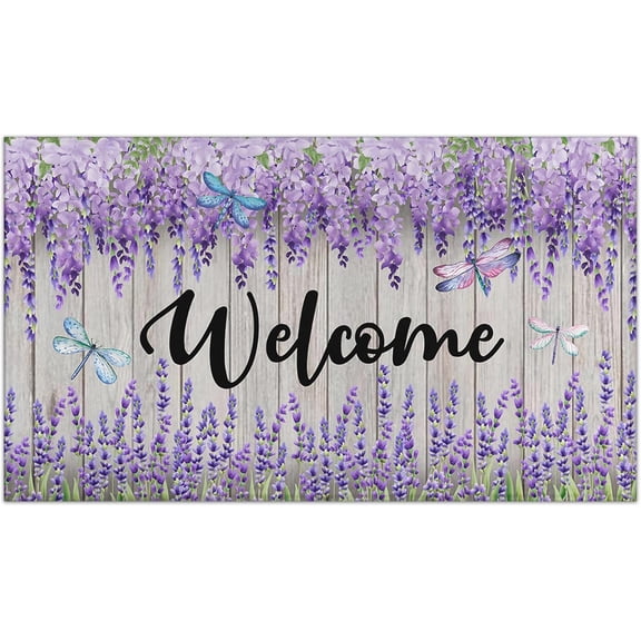 Spring Summer Flowers Door Mat, Wisteria Lavender Dragonfly Welcome Doormat, Spring Home Decor Non Slip Spring Rug Floor Mat 17"x30" Spring Decorations for Indoor Outdoor
