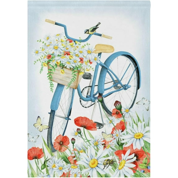 Spring Summer Flowers Garden Flag 12x18 Double Sided Blue Bicycle Ride and Poppy Daisy Floral Yard Flags Welcome Spring Summer Outdoor Seasonal Banner Party Home Decor