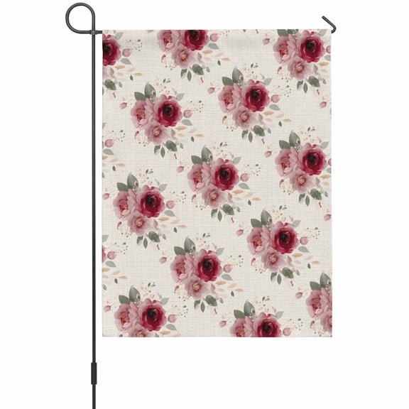 Spring Summer Flowers Garden Flags For Outdoor, Watercolor Red Floral Vintage Leaves Small Double Side Yard Flags Weather Proof Garden Decor for Lawn Outside Holiday 12 x 18 Inches