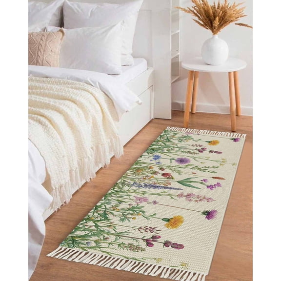 Spring Summer Flowers Hallway Runner Rug 2x5ft,Farmhouse Floral Botanical Rustic Washable Woven Living Room Bedroom Kitchen Bathroom Carpet with Tassels,Indoor Outdoor Throw Door Mat for Entryway