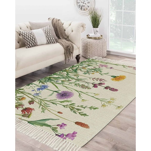 Spring Summer Flowers Large Area Rug 4x6ft Woven Runner Rug,Farmhouse Floral Botanical Rustic Washable Living Room Bedroom Kitchen Bathroom Classroom Carpet with Tassels,Indoor Outdoor Throw Door Mat