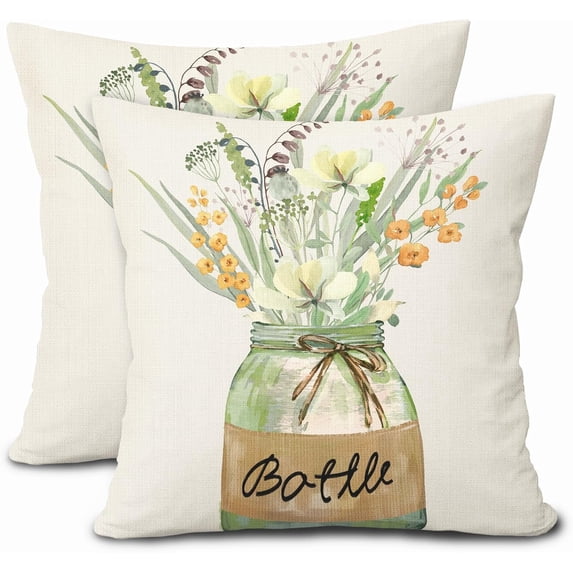 Spring Summer Flowers Pillow Covers 18X18 Inch Yellow Floral Green Leaves Vase Decorative Pillow Cases Set of 2 Cotton Linen Throw Pillows Farmhouse Home Decor for Sofa Couch Cushion Outdoor