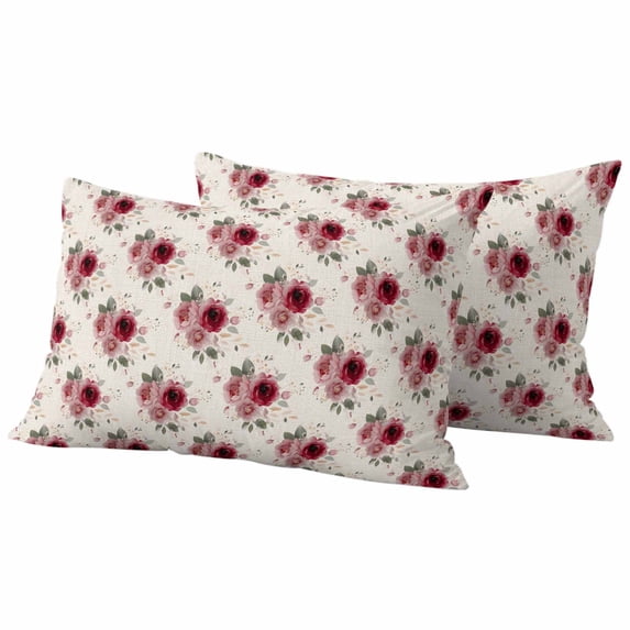 Spring Summer Flowers Pillow Covers 2 Pack Watercolor Red Floral Vintage Leaves Pillowcase Waterproof Outdoor Throw Pillow Cover for Patio Balcony Rectangular Cushion 20”x12”