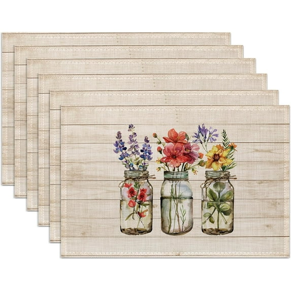 Spring Summer Flowers Placemats Set of 6,Washable Heat Resistant 12×18 Inch Linen Table Mats Vintage Floral Place Mats for Party Outdoor Dining Décor
