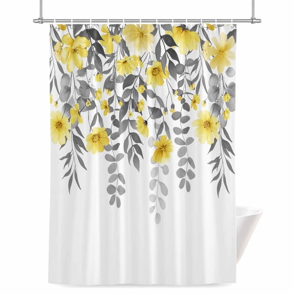 Spring Summer Flowers Shower Curtain, Vintage Watercolor Yellow Floral Grey Leaf Plant Waterproof Shower Curtain Set with 12 Hooks Lightweight Bath Curtains Fabric Bathroom Decor 72x78 Inches
