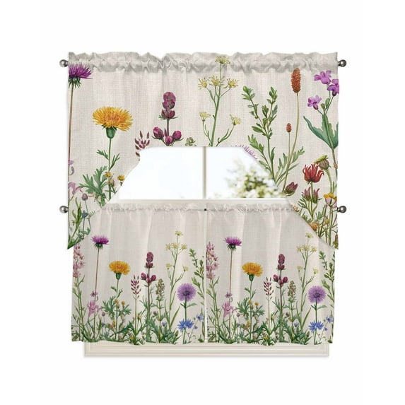 Spring Summer Flowers Swag Valance and Tier Curtains 24'' Length Set, Farmhouse Floral Botanical Rustic Light Filtering Kitchen Curtains, Tier Curtain Valances for Bathroom/Living Room/Bedroom/Café
