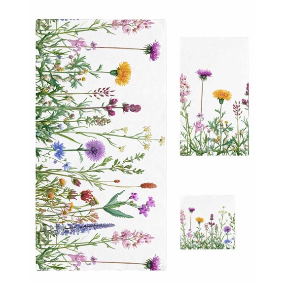 Spring Summer Flowers Towel Set of 3, Soft Microfiber Bath Towels, Hand Towel, Washcloths, Farmhouse Floral Botanical Quick-Dry Absorbent Towels for Bathroom Kitchen Hotel Beach Gym Spa