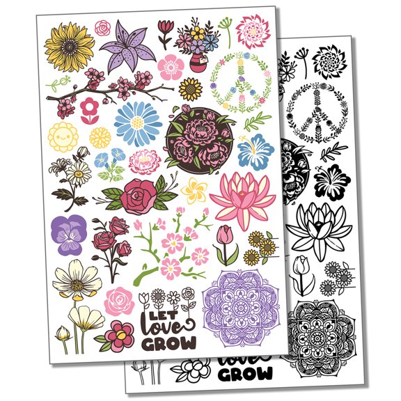 Spring Summer Flowers Water Resistant Temporary Tattoo Set Fake Body Art Collection - Black