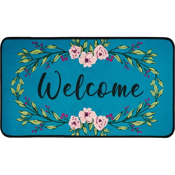 Spring/Summer Flowers Welcome Decorative Doormat, Non-Slip Cute Floral Wreath Door Mat for Indoor Outdoor Home Decoration, Durable Rug, Low-Profile Mat Entryway Front Porch Farmhouse Decor,30" x 17"