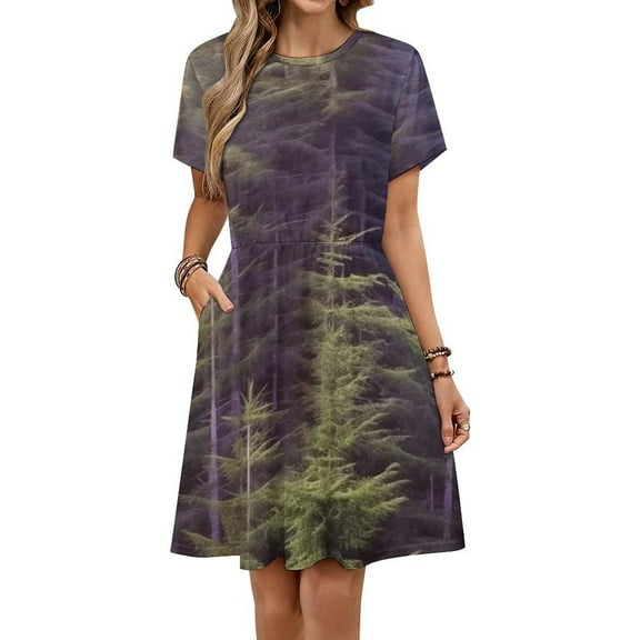Spring Summer Forest Short Sleeve Dress Women Summer Evening Dresses Ladies Sundress