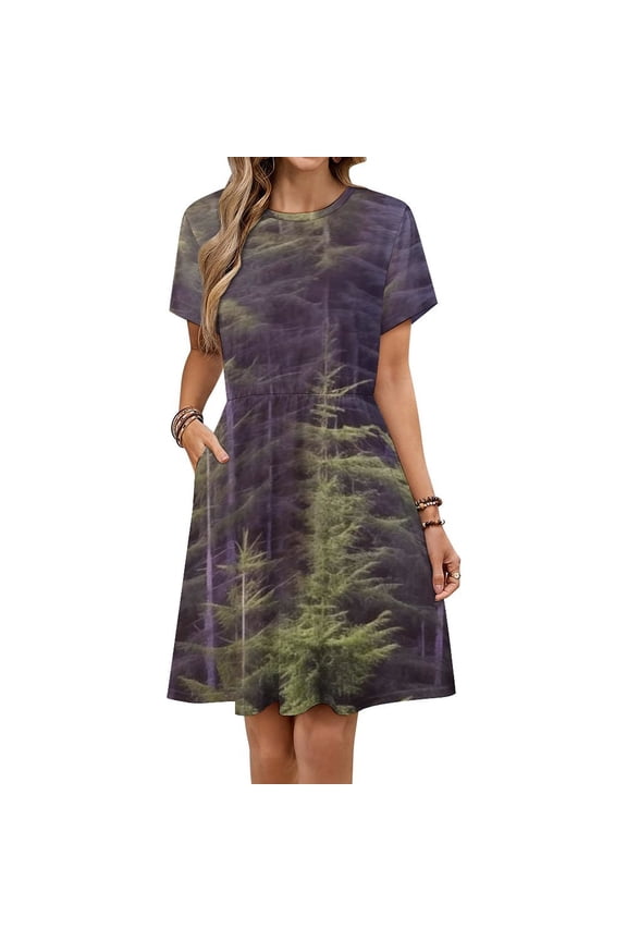 Spring Summer Forest Short Sleeve Dress Women Summer Evening Dresses Ladies Sundress