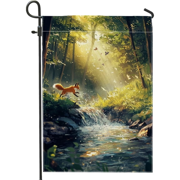 Spring Summer Fox Garden Flag, Double-Sided Woodland Animal Yard Banner with Butterflies, Nature Lawn Outdoor Decor, 12 x 18 Inch