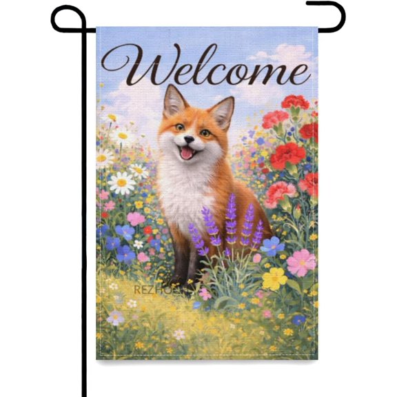 Spring Summer Fox Welcome Garden Flag Double Sided Floral Outdoor Yard Flag 12 x 18 Inch for Lawn Patio Home Decor