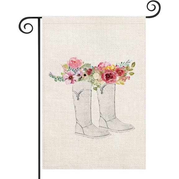 Spring Summer Fresh Flowers Garden Flag Burlap Sketch Boot with Colorful floral leaf Seasonal Yard Banners House Flag for Farmhouse Outdoor Indoor Decoration Vertical Double Sided Garden Flag 12.5x18