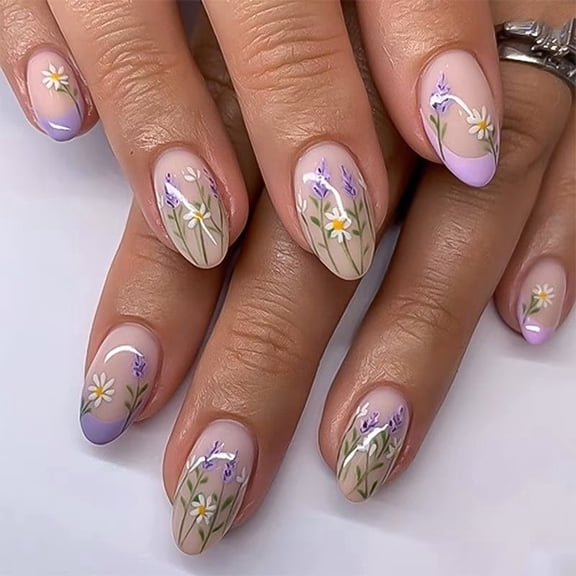 Spring Summer Fresh INS Daisy Floral Press-On Nails, French Purple Detachable Almond Nail Tips
