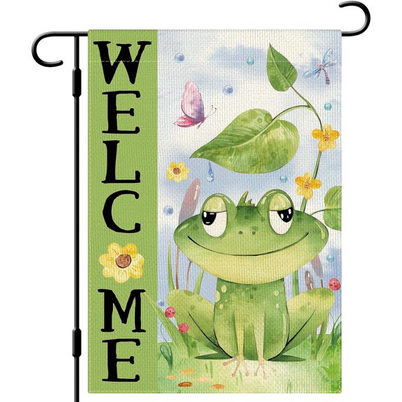 Spring Summer Frog Vertical Welcome Yard Flag 12x18 Double Sided Burlap Farmhouse Garden Flag Outdoor Decor