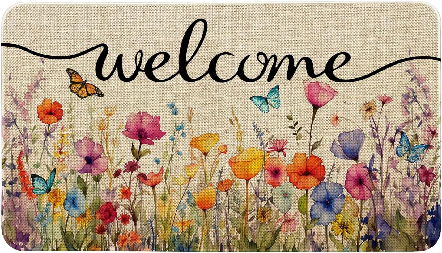 Spring Summer Front Door Mat Floral Doormat Colorful Flower Decor Non-Slip Outdoor Welcome Mat for Garden, Yard, Patio, Porch, Home Decorations 17"x30"