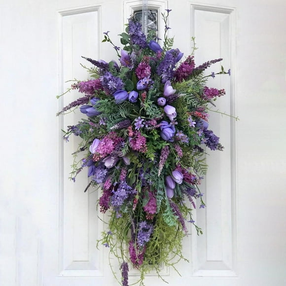 Spring Summer Front Door Teardrop Tulip Wreath Artificial Floral Swag Wreath for Home Decor