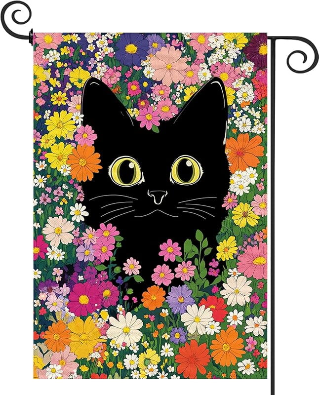 Spring Summer Funny Cat Garden Flag Double Sided Funny Black Cat Flower Floral Welcome Small Yard Flag Burlap Seasonal Yard Outdoor Outside Decoration