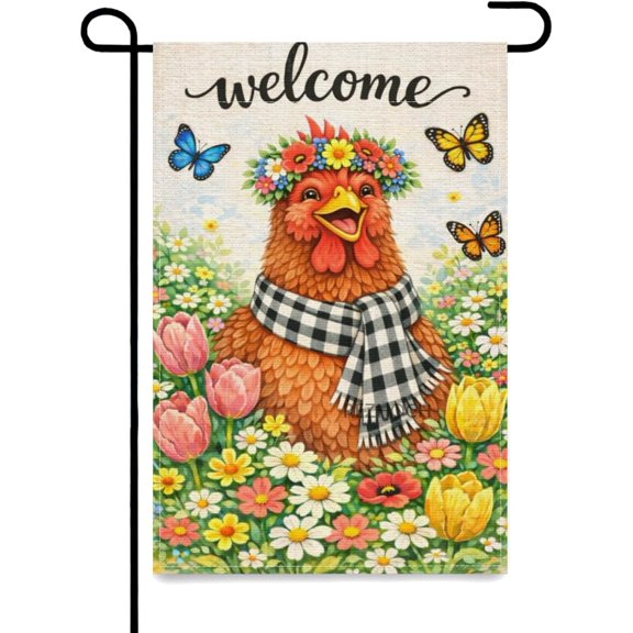 Spring Summer Funny Chicken Garden Flag 12x18Inch,Welcome Cute Animal Flower Crown Floral Butterfly Home Outdoor Yard Lawn Decor,Double Sided Seasonal Outside Flags