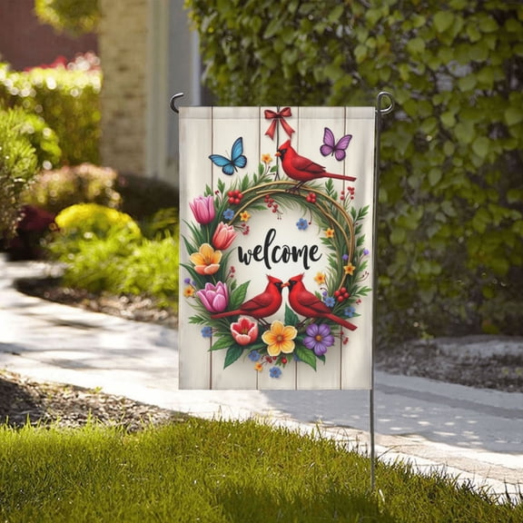 Spring Summer Garden Flag 12X18 Inch Vintage Cardinal Red Birds Wreath Colorful Flowers Art Summer Floral Welcome Small Double Sided Yard Flag Vertical Seasonal Farmhouse Yard Outdoor Decoration