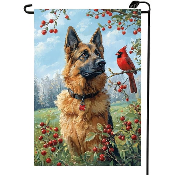 Spring Summer Garden Flag 12x18 Double Sided Small Burlap German Shepherd Dog Cardinal Floral Outdoor Yard Decoration