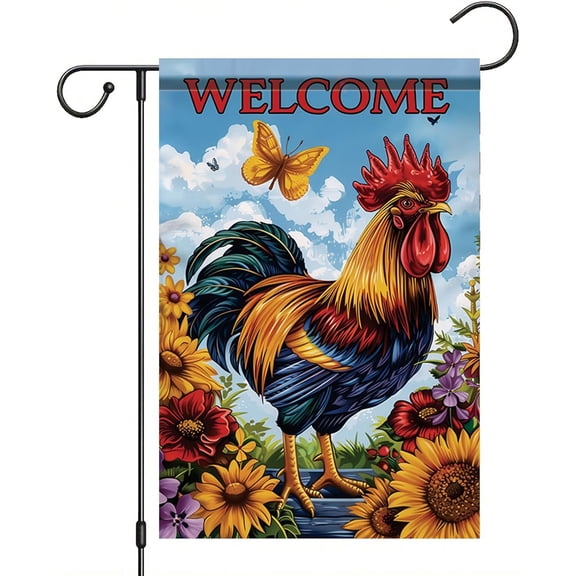 Spring Summer Garden Flag 12x18 Inch Colorful Rooster Welcome Floral Farm Animal Design Outdoor Yard Porch Lawn Garden for Seasonal Farmhouse Country Home Decor