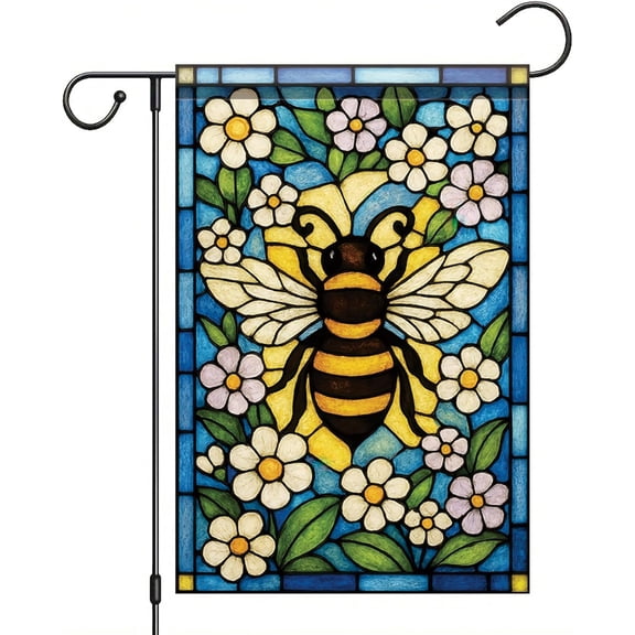 Spring Summer Garden Flag 12x18 Inch Stained Glass Bee Floral Art Nature Pollinator Design Outdoor Yard Porch Lawn Garden for Seasonal Cottage Farmhouse Home Decor