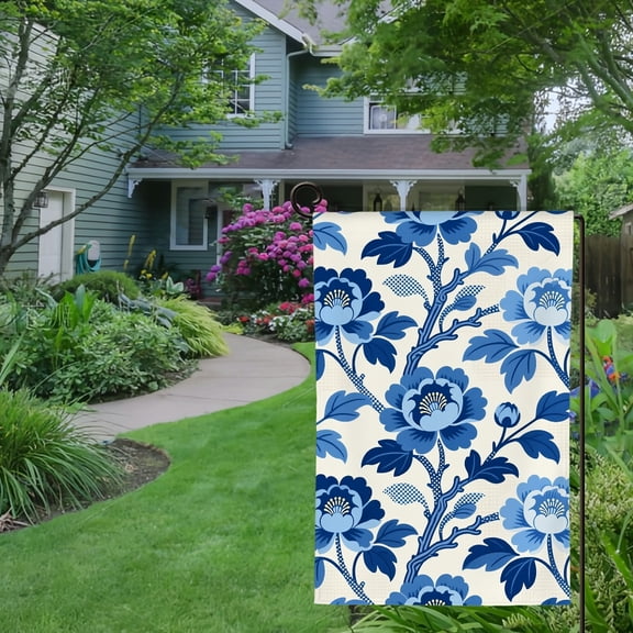 Spring Summer Garden Flag Double Sided Navy Blue Floral Welcome Yard House Outside Outdoor Decoration,12*18 inch