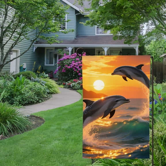 Spring Summer Garden Flag Double Sided Ocean Fish Sunset Over Sea,Jumping Dolphins Welcome Yard House Outside Outdoor Decoration,12*18 inch