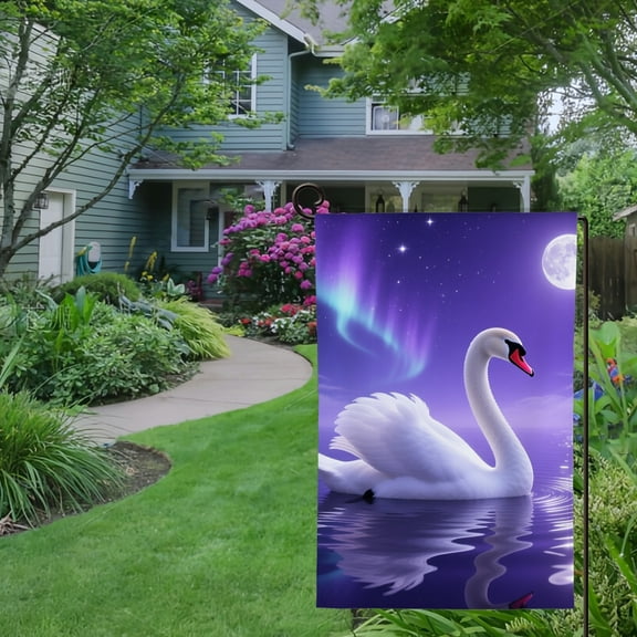 Spring Summer Garden Flag Double Sided Romantic Moon Swan Lake Welcome Yard House Outside Outdoor Decoration,12*18 inch