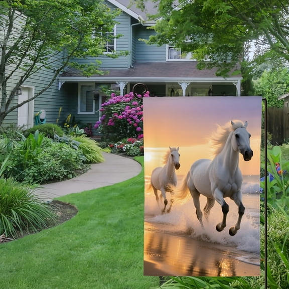 Spring Summer Garden Flag Double Sided Seaside Horse,White Steeds Running Painting Relaxing Elegant Animals Galloping Welcome Yard House Outside Outdoor Decoration,12*18 inch