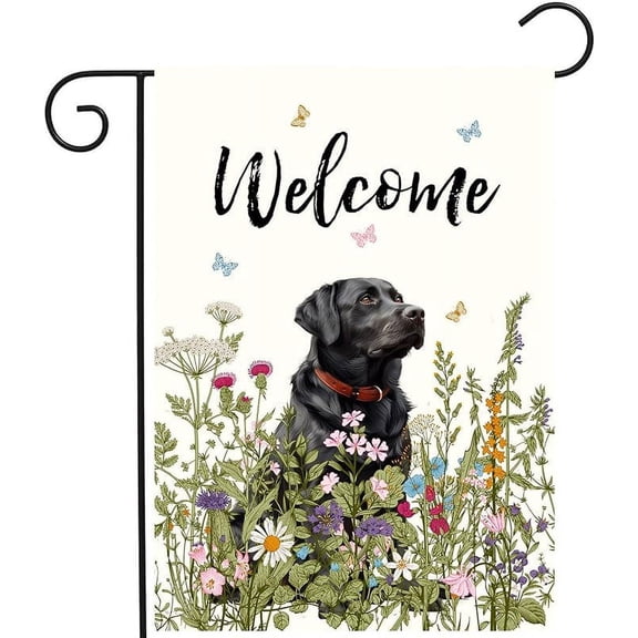 Spring Summer Garden Flag Floral Black Lab Yard Flag Flower Labrador Dog Garden Flags for Outside Small Outdoor Welcome Flags 12x18 Double Sided