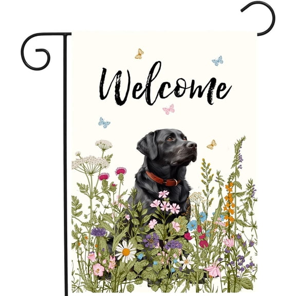 Spring Summer Garden Flag Floral Black Lab Yard Flag Flower Labrador Dog Garden Flags for Outside Small Outdoor Welcome Flags 12x18 Double Sided