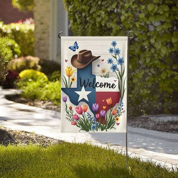 Spring Summer Garden Flag Texas State Flag Cowboy Hat Flowers Patriotic Memorial Day Double Sided Rustic Farmland Yard Lawn Outdoor Decor 12X18 Inch