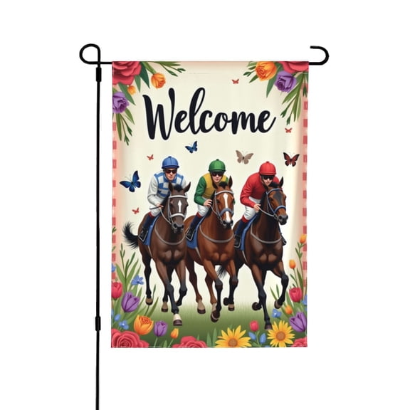 Spring Summer Garden Flag Welcome For Outside Horse Racing Welcome Sign With Jockeys And Roses 1218 In Double Yard Flag Outdoor Farmhouse Decoration Home Festival Gazebo Father's Day