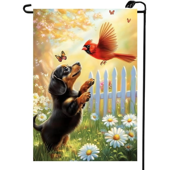 Spring Summer Garden Flags for Outside 12x18 Double Sided, Small Burlap Black Dachshund Dog Cardinal Floral Garden Flag Spring Summer Outdoor Yard Decorations