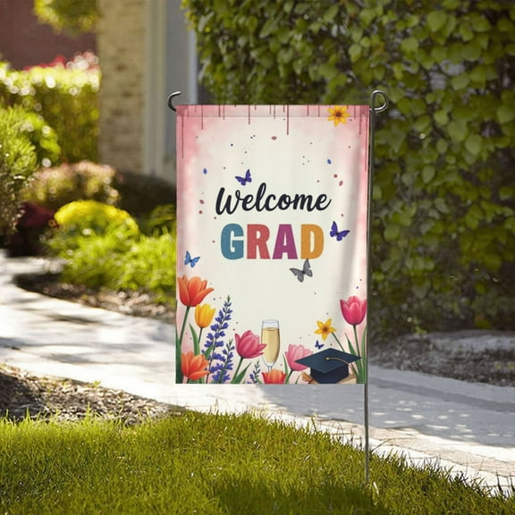 Spring Summer Garden Flags For Outside Class Of 2025 Grad Congrats Graduation Cap Pink Colorful Flower Butterfly Seasonal Farmhouse Yard Flags For Outside Decoration