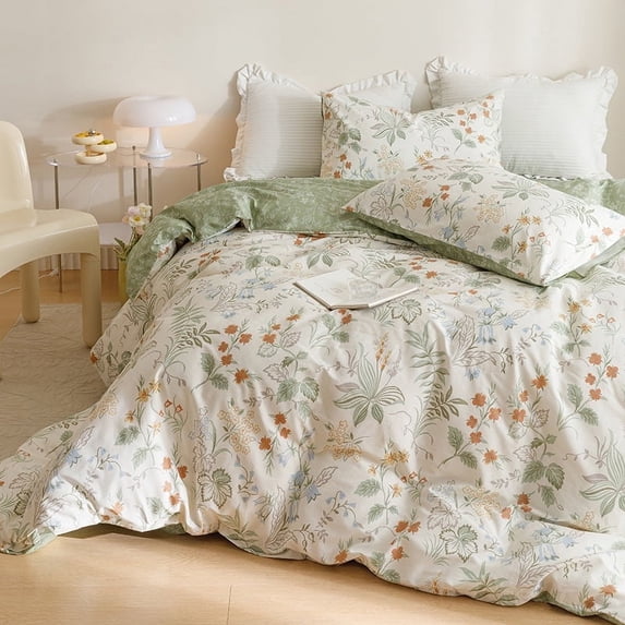 Spring Summer Garden Style Chic Botanical Flower Pattern Floral White and Green Leaves Reversible Duvet Cover,King Size