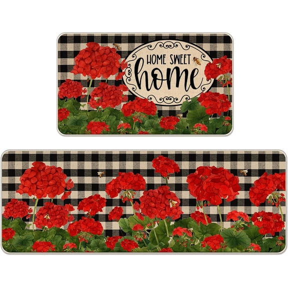 Spring Summer Geranium Home Sweet Home Kitchen Rugs Set of 2, Red Floral Flower Kitchen Mats Decor, Buffalo Plaid Check Farmhouse Floor Door Mat Decorations - 17x29 and 17x47 Inch