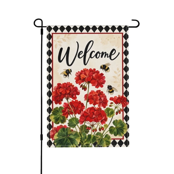 Spring Summer Geranium Welcome Garden Flag Bee Red Floral Burlap Yard Outdoor Decoration 12x18 in