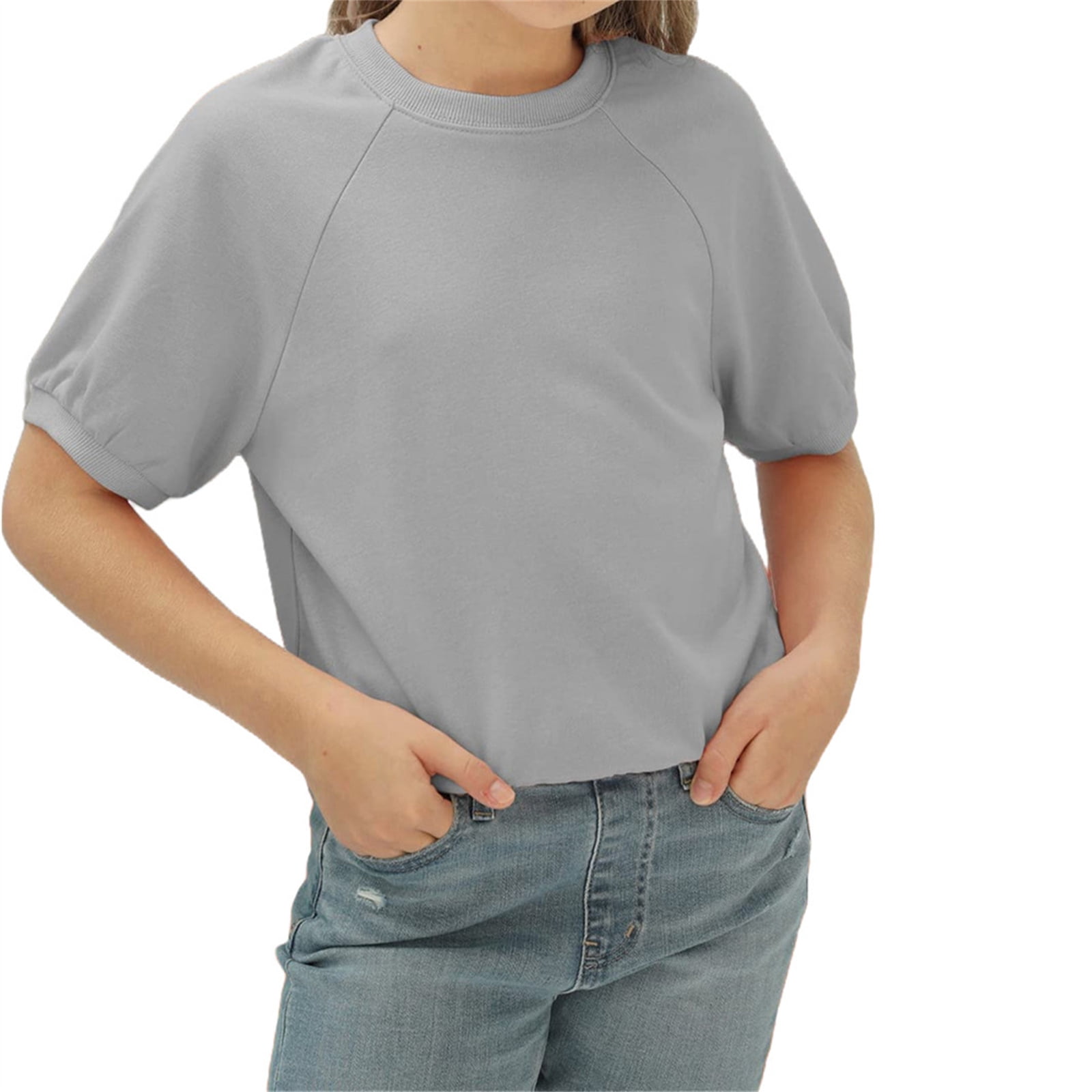 Spring Summer Girls Kids Plain Crew Neck Casual Knit Shirt Children ...