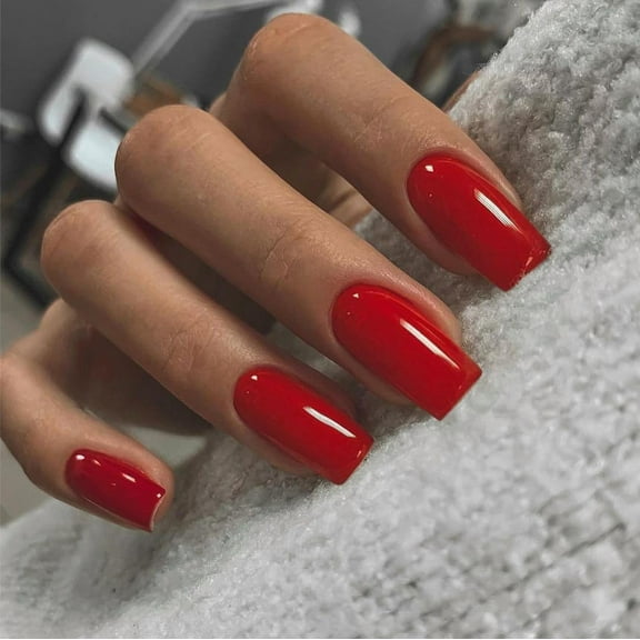 Spring Summer Glossy Orange Red Press on Nails Medium Short Square, Salon Like Coffin Fake Nails with Solid Color,Seamless Soft Gel Stick on Nails for Women,Natural Press-on No Pressure Red 0.04