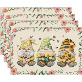 Spring Summer Gnome Floral Placemats Set of 4 Bee Sunflower Kitchen Decor Daisy Floral Placemat 12 x 18 Inches Seasonal Rustic Holiday Dining Table Mats Indoor for Kitchen Table Washable