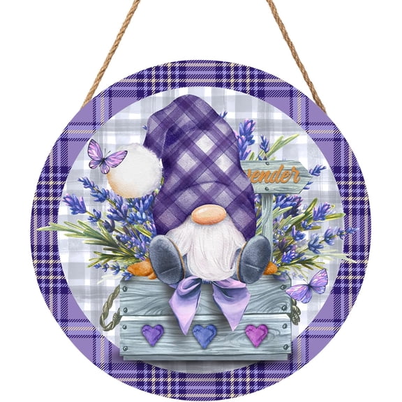 Spring Summer Gnome Lavender Flower Sign for Front Door 8"x8" Purple Floral Buffalo Plaid Metal Door Hanger for Outdoor Outside Porch Spring Summer Farmhouse Metal Wreath for Wall Porch Yard