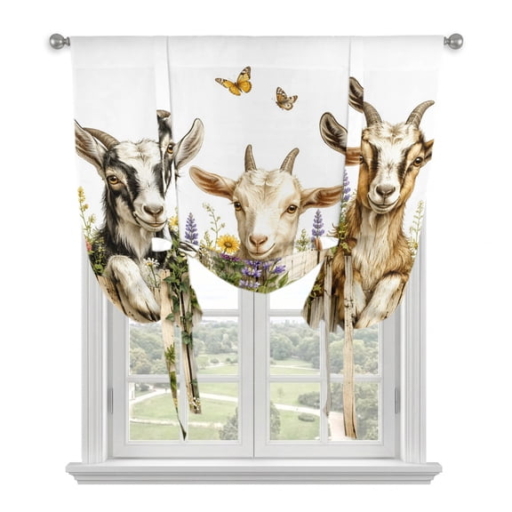 Spring Summer Goats Tie Up Curtains 45 Inches Long, Kitchen Window Curtains Over Sink, Farmhouse Floral Botanical Cute Small Window Curtains Shade Balloon Curtains Valances for Bedroom/Cafe 34"x45"